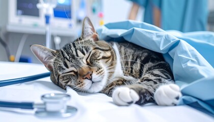 A tabby cat, seemingly asleep, under a light blue surgical blanket in a veterinary clinic