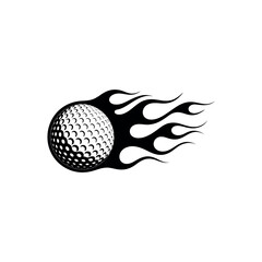 Black golf ball with stylized flames in motion on white background fire speed