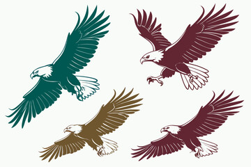 set of Eagle hunting prey silhouette vector