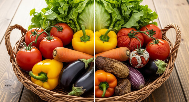 Fresh vs. Spoiled vegetables in basket show food waste comparison, freshness concept