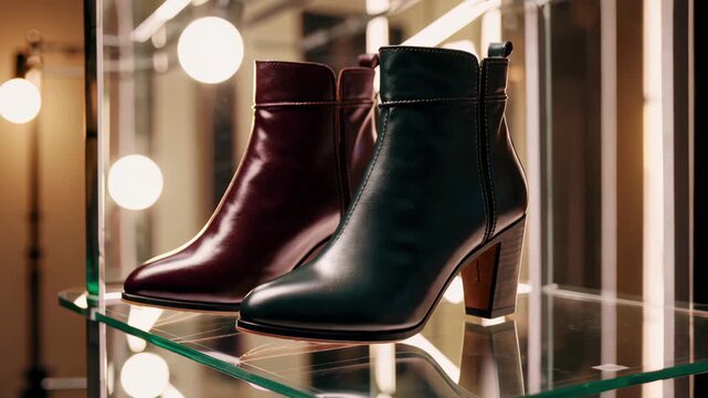 Two elegant ankle boots in rich burgundy and deep green leather are displayed on a glass shelf under warm boutique lighting, showcasing luxurious autumn fashion and sophisticated footwear craftsmanshi