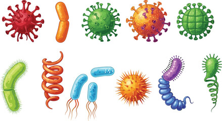 Cartoon Virus and Bacteria Vector Set, Colorful Microorganism and Germ Illustration for Medical, Scientific, Educational, or Health and Biology Design Use