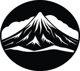 Monochrome Mountain Peak Silhouette with Clouds in a Circular Frame on white background