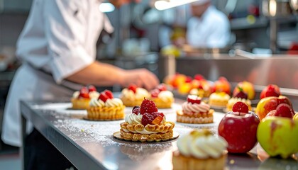 Fototapeta premium A pastry chef's table with apple desserts mid-preparation, styled dynamically