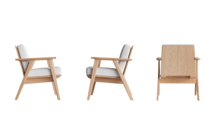 Three-view render of a light-colored wooden armchair