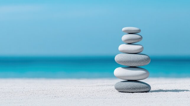 Stacked stones on white sand beach - Powered by Adobe