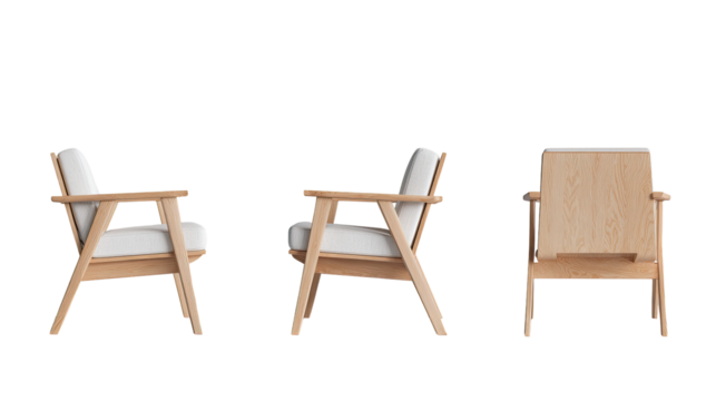 Three-view render of a light-colored wooden armchair