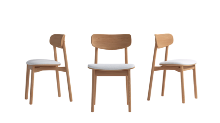 Three light beige wooden dining chairs, angled views