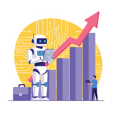 Robot analyzes stock market growth isolated on white background, success concept