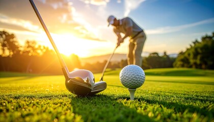 Golfer preparing to hit the ball on a sunny golf course.