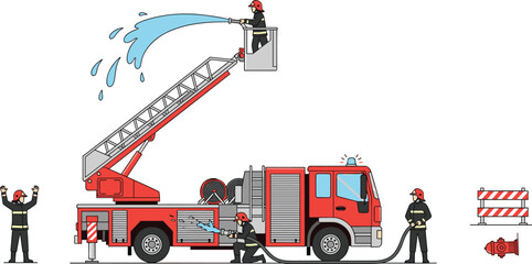 Firefighter team using fire truck, spraying water, working together in emergency situation, fire rescue operation, flat vector illustration for safety or education content