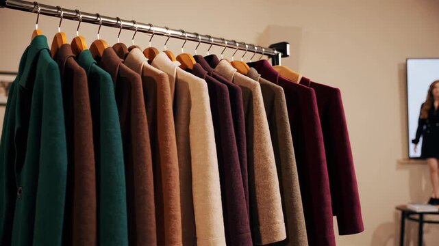 A stylish row of elegant wool coats in green, brown, beige, and burgundy shades is displayed on wooden hangers in a modern boutique, highlighting timeless fashion and sophisticated autumn style.
