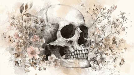 Skull Surrounded by Delicate Flowers in a Soft, Artistic Style Highlighting the Contrast Between Life and Death