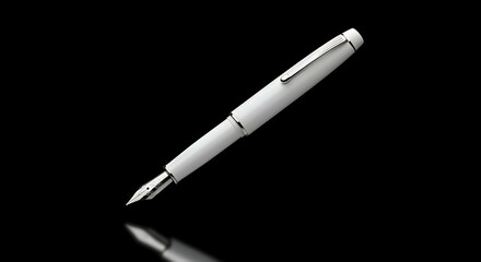Elegant White Fountain Pen on Black Reflective Surface for Office and Writing Supplies