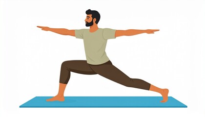 Man practicing yoga warrior pose on a mat.