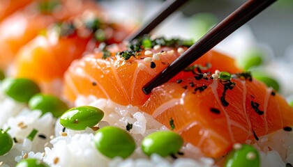 Delicious Salmon Nigiri Sushi with Edamame and Sesame Seeds.