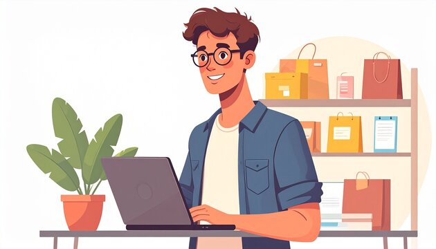 Young Man Working on Laptop in a Brightly Lit Office Space.