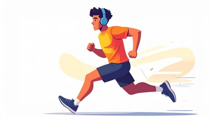 Young Man Running with Headphones Enjoying Music and Fitness Outdoors.