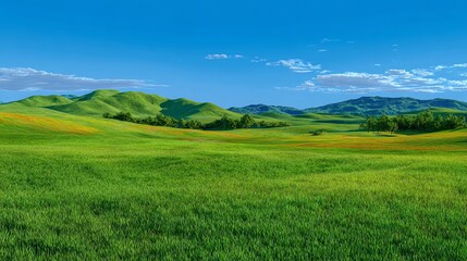 Obraz premium Vibrant green field under clear blue sky.