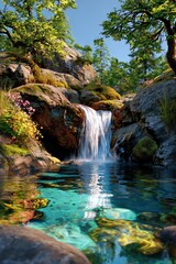 Obraz premium Serene waterfall with lush greenery around.