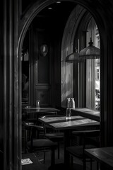 Black-and-white editorial photo of a cozy coffee café with wooden décor – cinematic and moody high-resolution interior photography