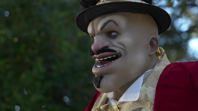 Close-up of a grinning Halloween ringmaster prop wearing a top hat, red coat, and gold brocade collar. Outdoor suburban yard scene with a scary mask, mustache, goatee, and bokeh lights.