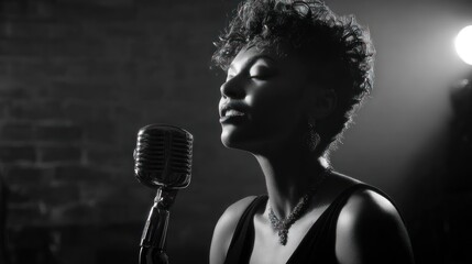 A Singer's Passion Black and White Portrait of a Woman with a Microphone