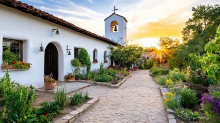 Naklejka premium Rural mission church during sunset with rustic architecture and lush vegetation
