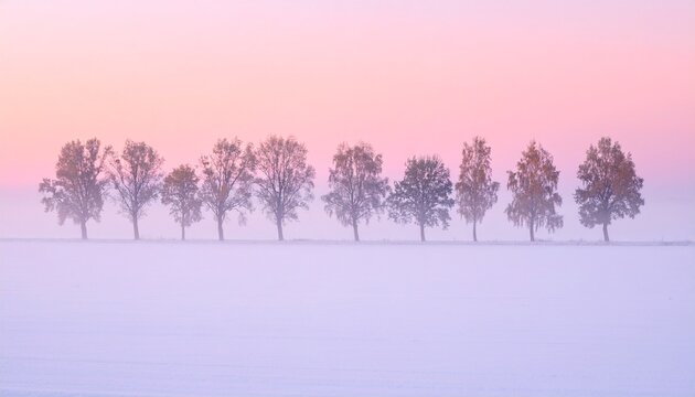 Row of autumnal trees on snowy background in sunrise. Minimalist pale pastel winter landscape. 