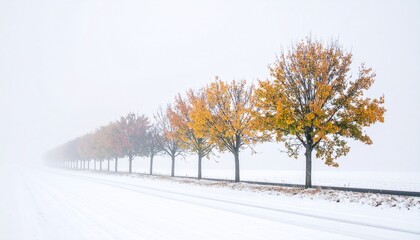 Obraz premium Row of autumnal trees on snowy background. Minimalist pale pastel winter landscape. 