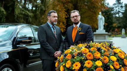 Friends gather for a solemn farewell during a heartfelt memorial service in an autumn setting