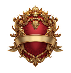 Ornate gold-edged heraldic shield with a crimson center and golden ribbon