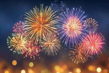 Fototapeta premium Bright holiday fireworks display lighting up the night sky, bursting with vibrant colors and sparkling effects, creating a festive atmosphere for celebrations and events
