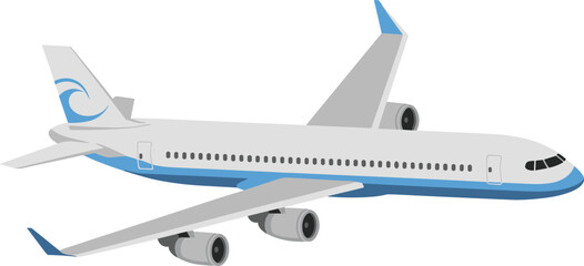 Vector illustration of a modern commercial airplane with a sleek blue design, showing side view, ideal for aviation, travel, and transport themes © Momotaj Contributor
