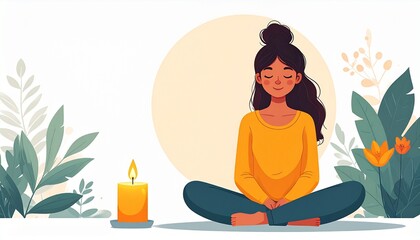 Woman Meditating Peacefully Surrounded by Nature and Candlelight.