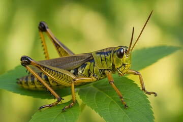 Macro close-up of a grasshopper perched on a fresh green leaf, detailed view of eyes and legs, natural sunlight, realistic wildlife photography.