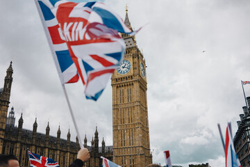 Union Jack Flags Raised Before Big Ben During Westminster Protest