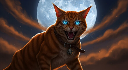 Fierce orange tabby cat under a full moon menacing glare