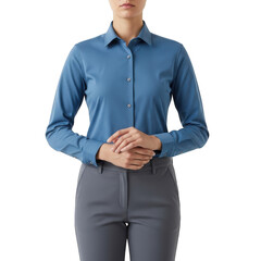 Professional blue denim long sleeve button down shirt for women with gray trousers transparent background