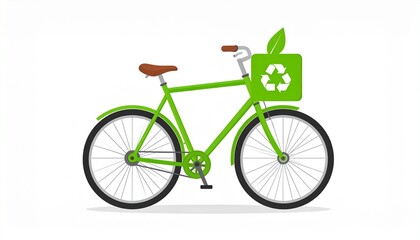 Green Bicycle with Recycling Symbol and Leaf Icon in Front Basket.