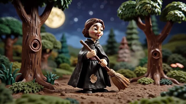 Woman wearing witch cloak holding broom in claymation style forest with full moon and halloween whimsical atmosphere