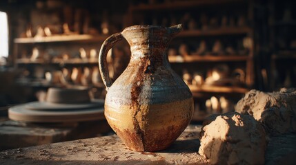 A Rustic Clay Jug Rests in a Potter's Workshop