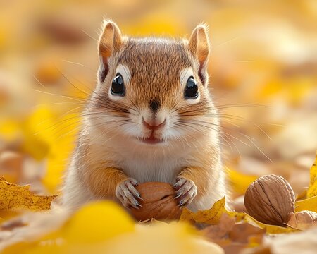A cute chipmunk holds a nut in its paws surrounded by vibrant golden autumn leaves highlighting seasonal prepa n