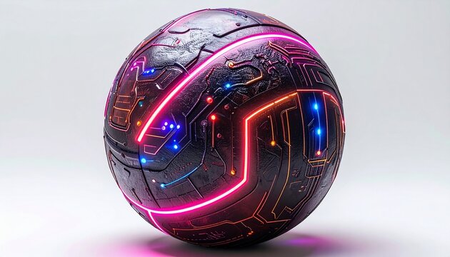 A leather World Cup soccer ball embossed with futuristic neon circuitry patterns, isolated on white backdrop
