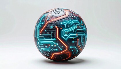 A leather World Cup soccer ball embossed with futuristic neon circuitry patterns, isolated on white backdrop