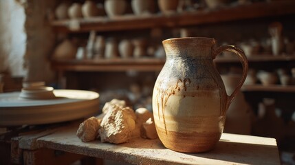 A handcrafted ceramic jug rests in a pottery studio bathed in sunlight.