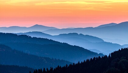 Obraz premium Serene Mountain Range at Sunrise with Hazy Blue Layers and Golden Sky.