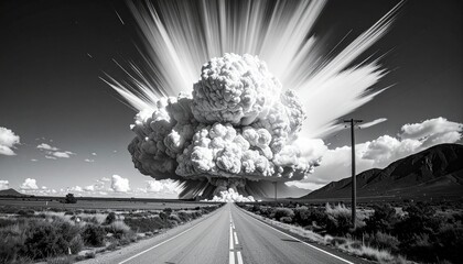 Massive Explosion on a Desert Highway Black and White.