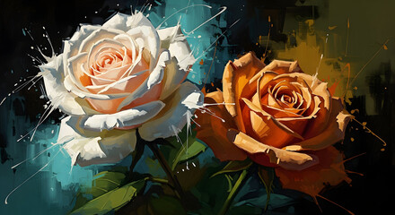 Elegant Roses Artistic Floral Painting White Orange Blooms