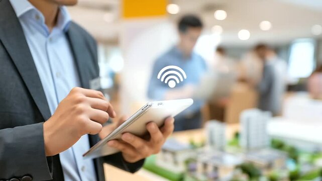 Proptech entrepreneurs demonstrating smart building management systems through IoT sensor networks with real estate developers analyzing energy efficiency algorithms and tenant